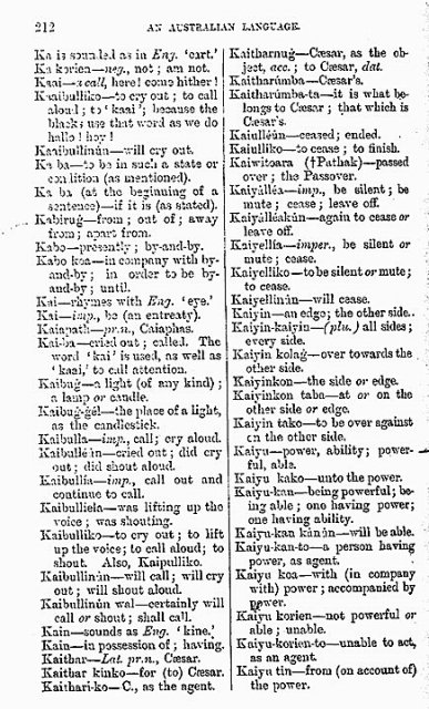 Gospel by St Luke. Translated into Language of the Awabakal by Threlkeld c1857, p212.  Printed 1891. Univ of Newcastle